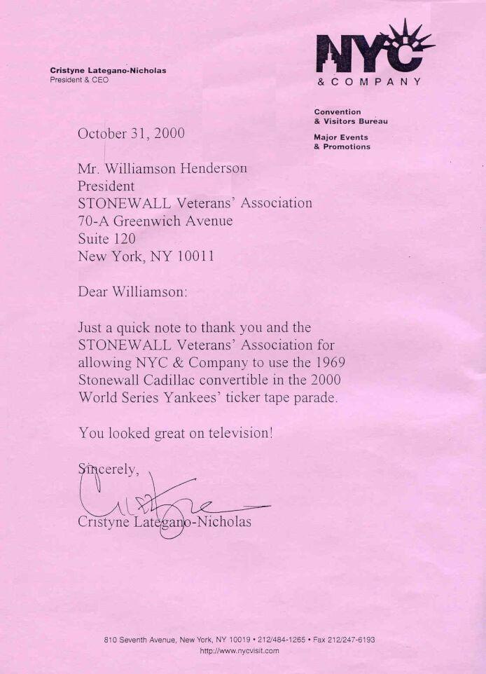 Letter authored by CEO Cristyne Lategano-Nicholas the president of NYC & Company
